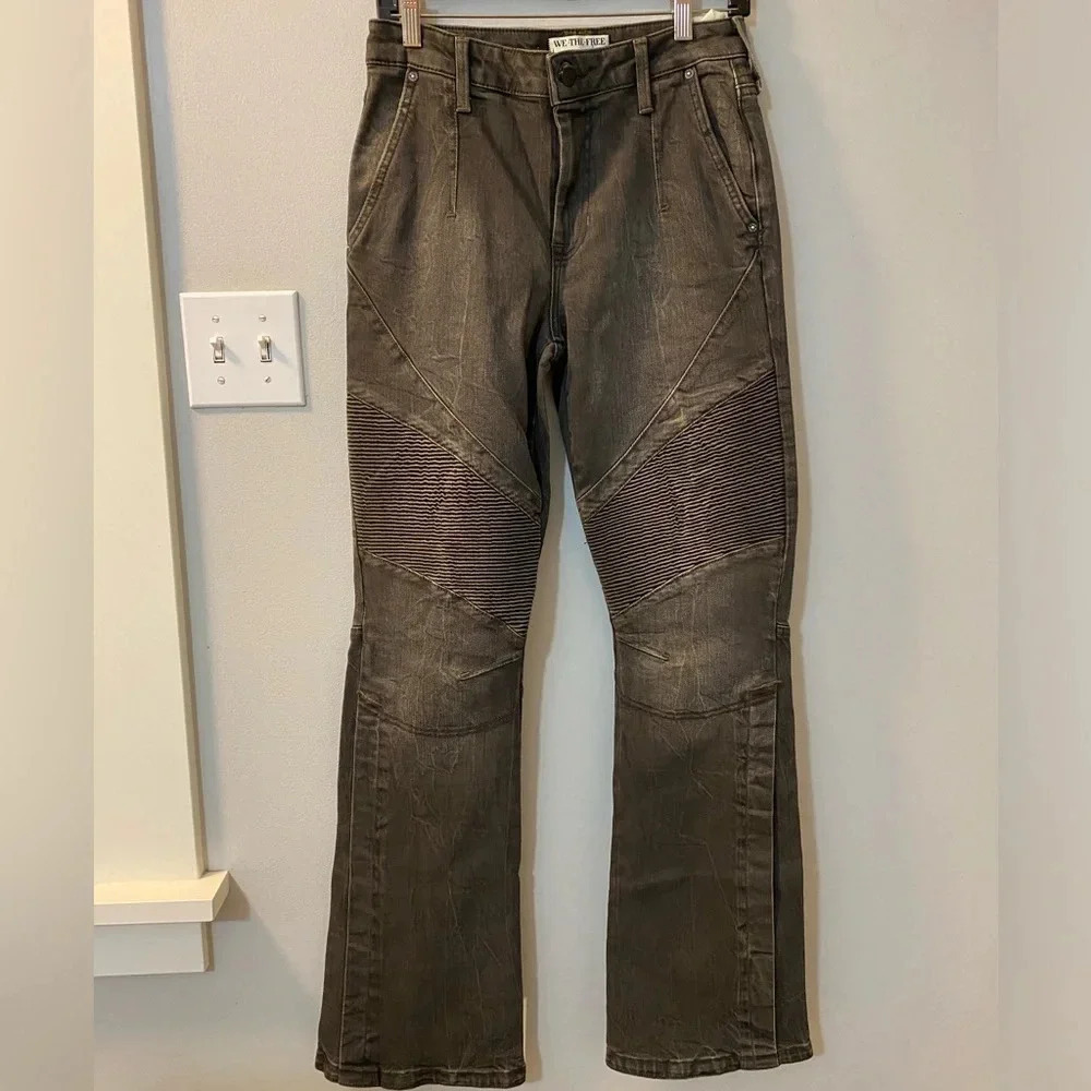 We the Free People Vector Moto Mid Rise Flare Jeans SZ 27 Stonewashed Black